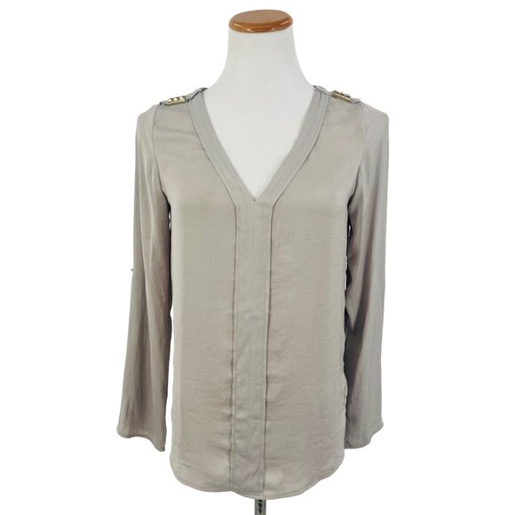 Zara Basic Gray Rolled Sleeves Pyramid Studded Shoulder Blouse - Picture 2 of 15